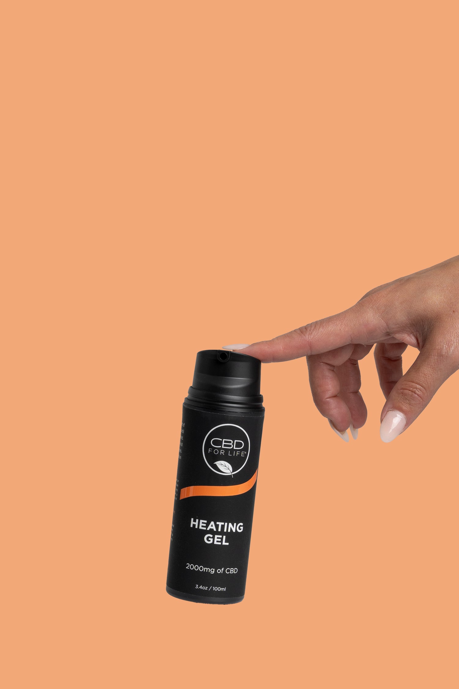 A woman's hand touching a CBD heating gel for pain relief