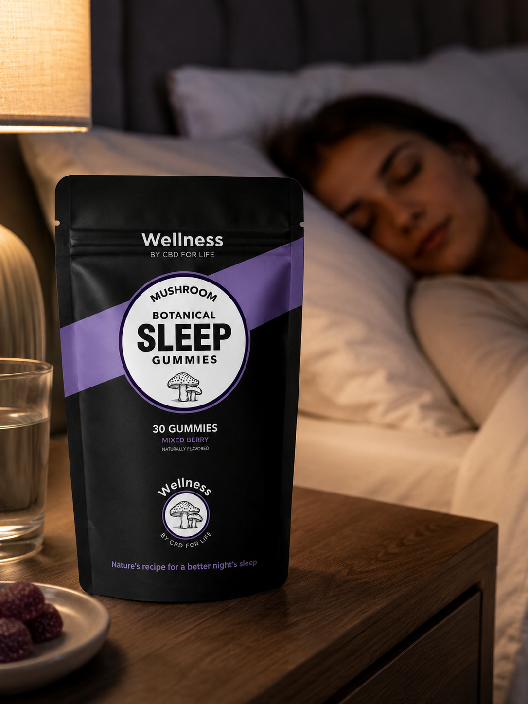 Adaptogenic mushroom sleep gummies on a nightstand next to a woman sleeping in bed.