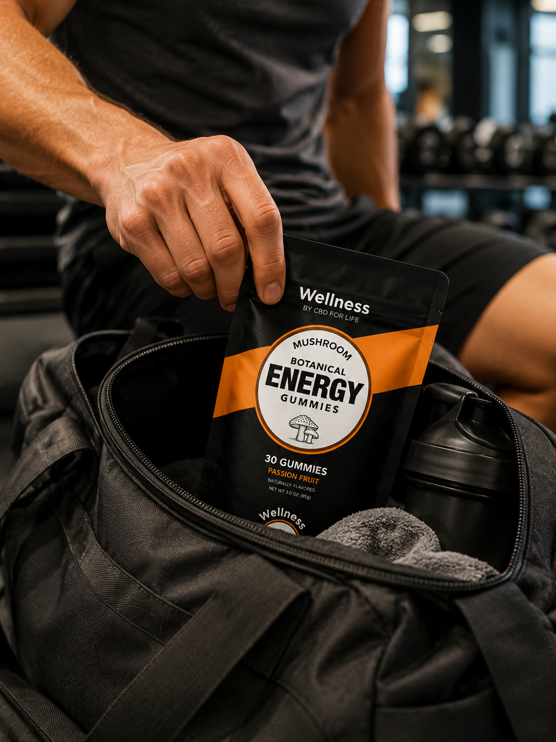 Adaptogenic mushroom energy gummies being removed from a gym bag by a mans hand.