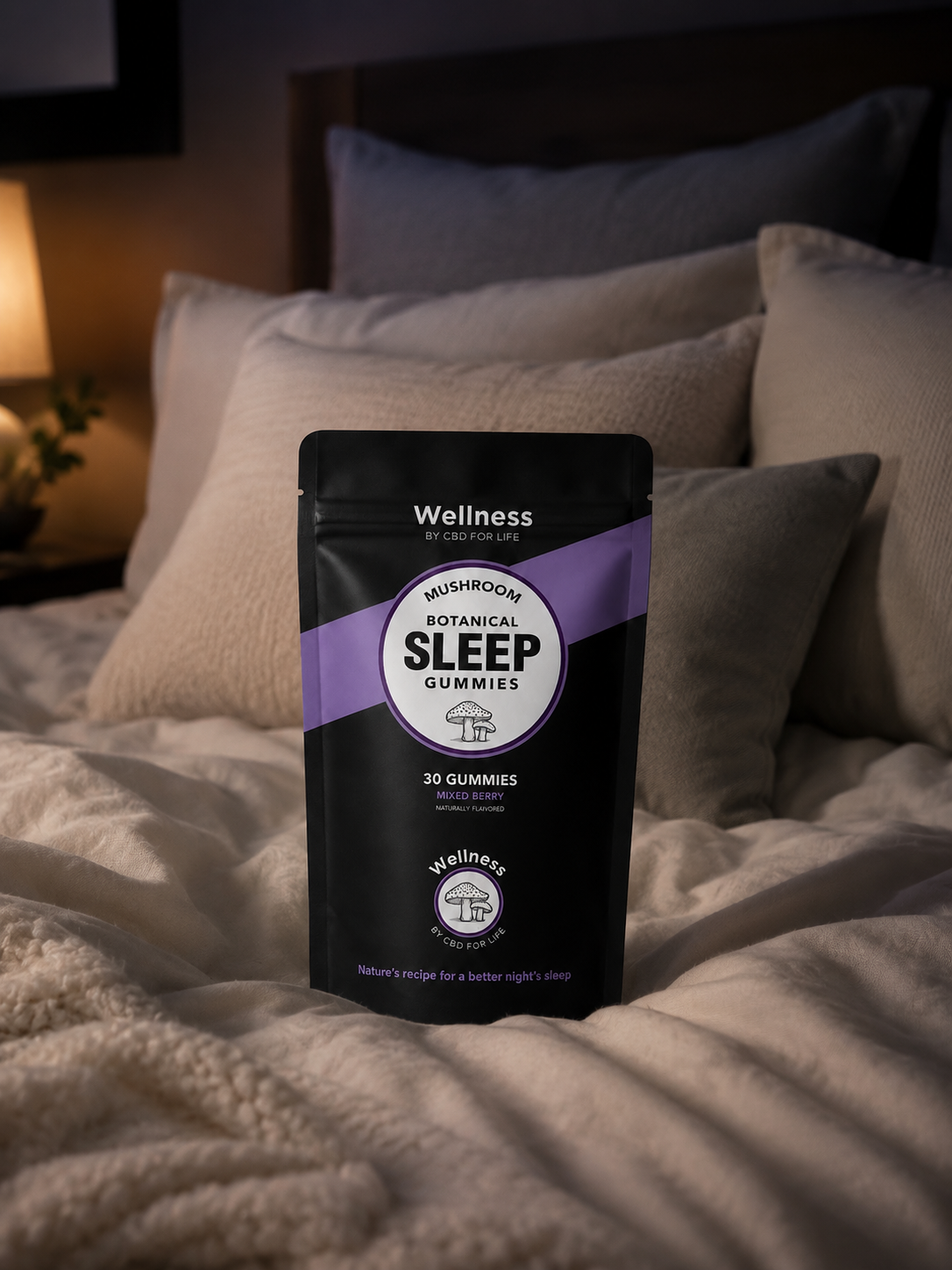 Adaptogenic mushroom sleep gummies on a bed with many pillows.