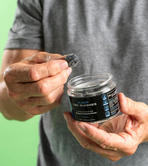 Man holding CBD gummies for sleep